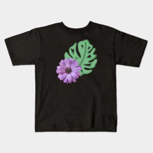 Monstera Leaf and Purple Daisy - Swiss Cheese Leaf Kids T-Shirt